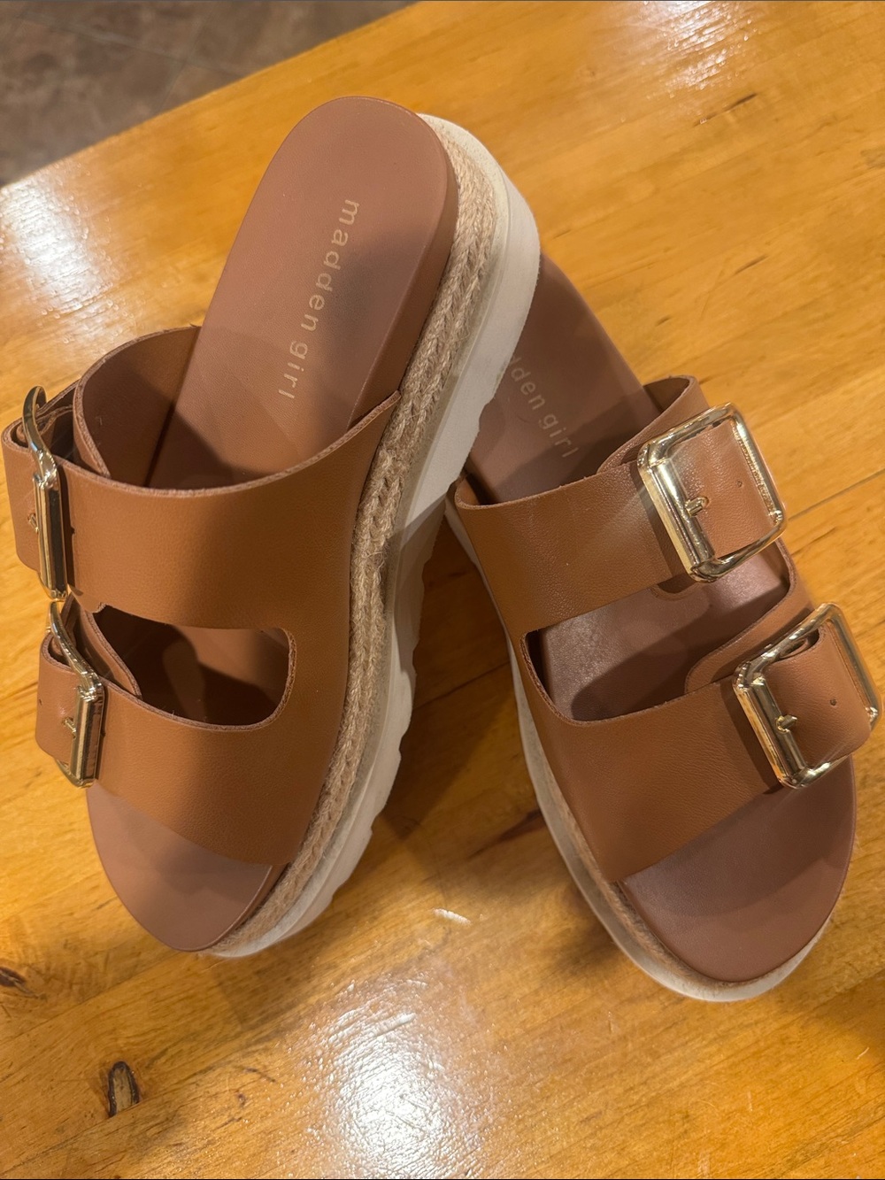 Madden Girl Cognac Double-Buckle Platform Slide Mules